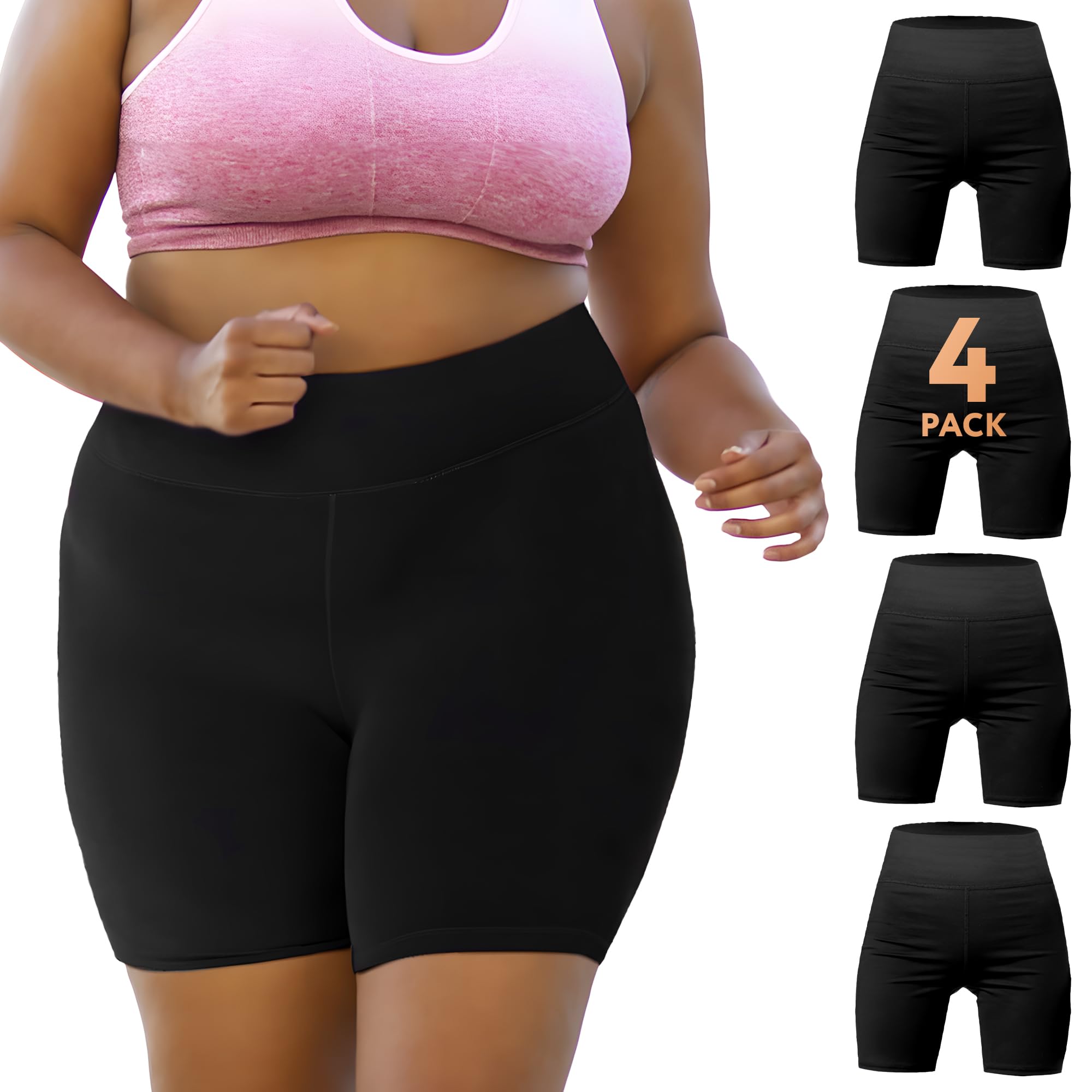 Black Shapewear Shorts 2XL/3XL. Biker Shorts Women High Waist. Seamless Yoga Shorts for Women [4 Pack]