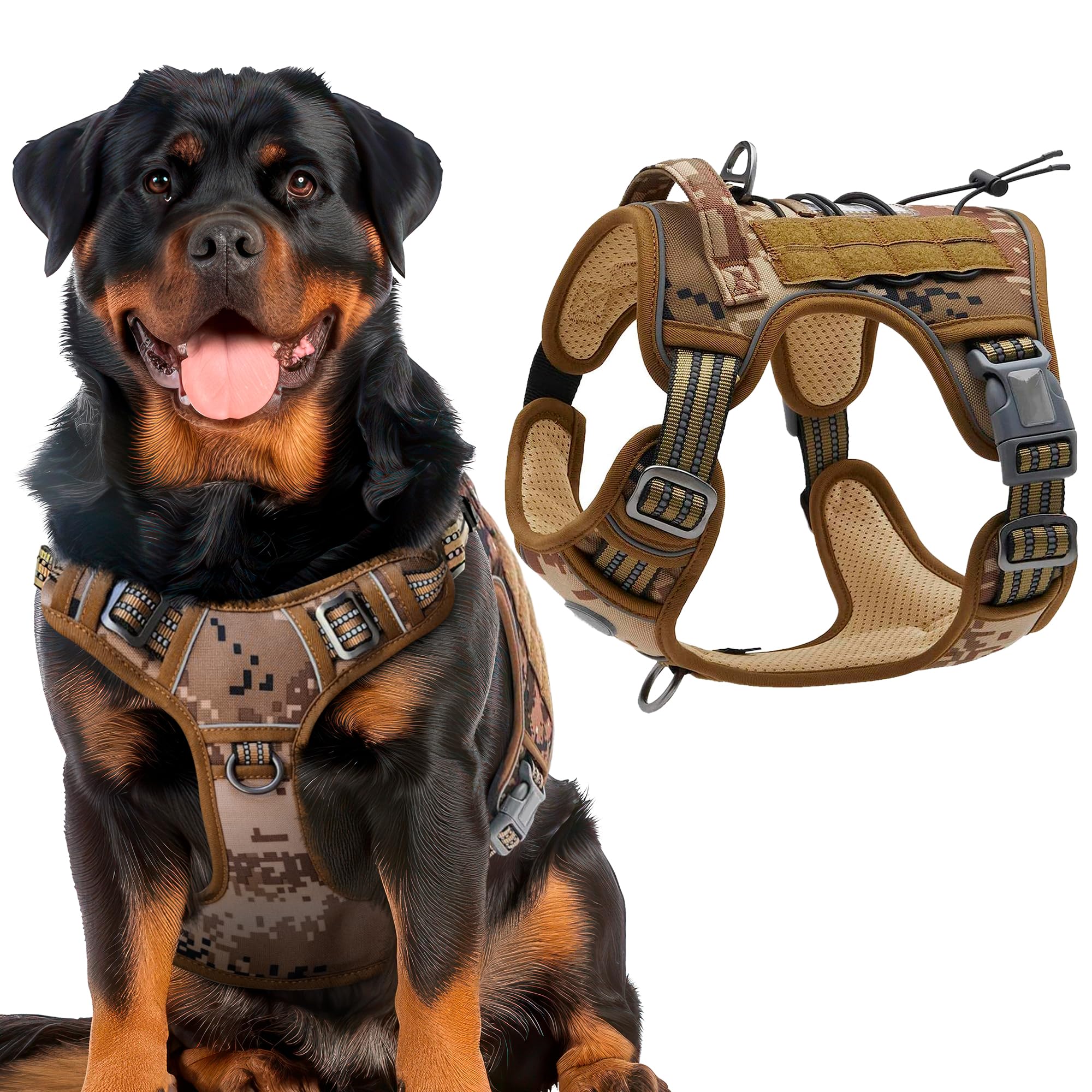 X-Large Desert Camouflage 900D Nylon Tactical Dog Harness, Adjustable Straps and Quick-Release Buckles (1 Unit)